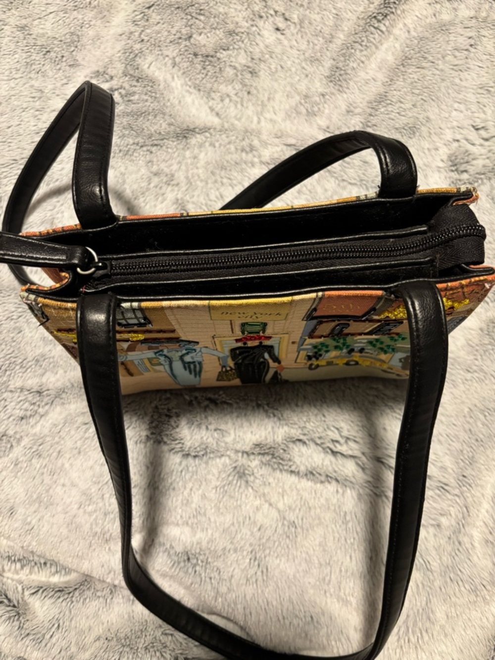 Embroidered City-Scene Shoulder Bag in Beige and Black - Picture 7 of 11
